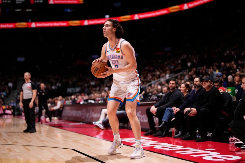 TORONTO, CANADA - MARCH 22:  Josh Giddey #3 of the Oklahoma City Thunder shoots a three point basket during the game against the Toronto Raptors on March 22, 2024 at the Scotiabank Arena in Toronto, Ontario, Canada.  NOTE TO USER: User expressly acknowledges and agrees that, by downloading and or using this Photograph, user is consenting to the terms and conditions of the Getty Images License Agreement.  Mandatory Copyright Notice: Copyright 2024 NBAE (Photo by Mark Blinch/NBAE via Getty Images)