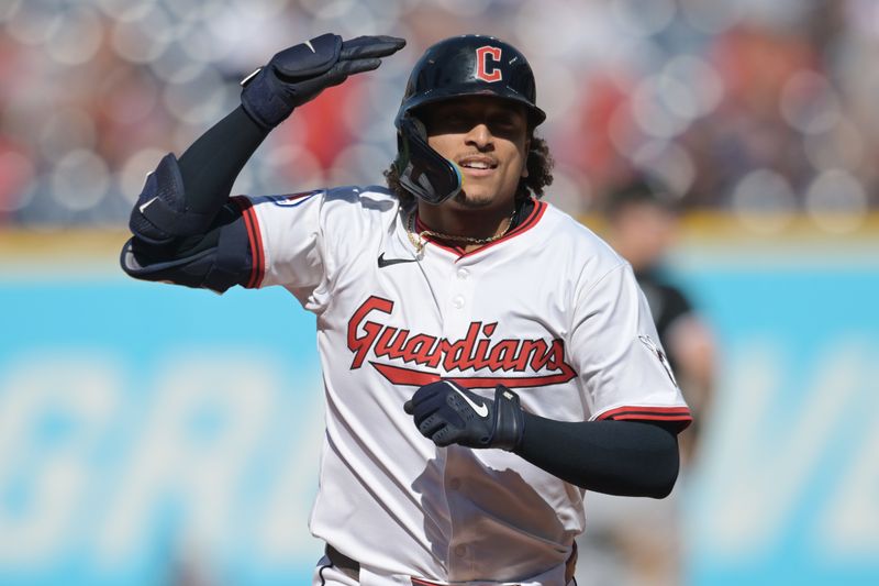 Sep 14, 2025; Cleveland, Ohio, USA; Cleveland Guardians catcher Bo Naylor (23) rounds the bases after hitting a home run against the Chicago White Sox during the seventh inning at Progressive Field. Mandatory Credit: Ken Blaze-Imagn Images