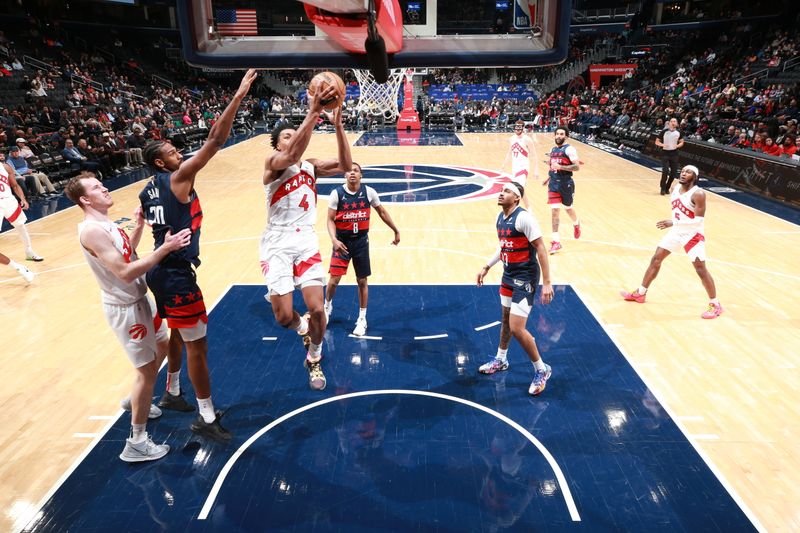 WASHINGTON, DC -? MARCH 24:  Scottie Barnes #4 of the Toronto Raptors drives to the basket during the game against the Washington Wizards on March 24, 2025 at Capital One Arena in Washington, DC. NOTE TO USER: User expressly acknowledges and agrees that, by downloading and or using this Photograph, user is consenting to the terms and conditions of the Getty Images License Agreement. Mandatory Copyright Notice: Copyright 2025 NBAE (Photo by Stephen Gosling/NBAE via Getty Images)