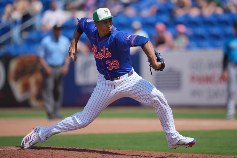 Mar 17, 2024; Port St. Lucie, Florida, USA;  New York Mets relief pitcher Edwin Diaz (39) pitches in the seventh inning against the Miami Marlins at Clover Park. Mandatory Credit: Jim Rassol-USA TODAY Sports 