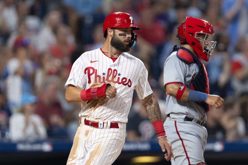 Aug 9, 2023; Philadelphia, Pennsylvania, USA; Philadelphia Phillies third baseman Weston Wilson (37) scores during the seventh inning against the Washington Nationals at Citizens Bank Park. Mandatory Credit: Bill Streicher-USA TODAY Sports