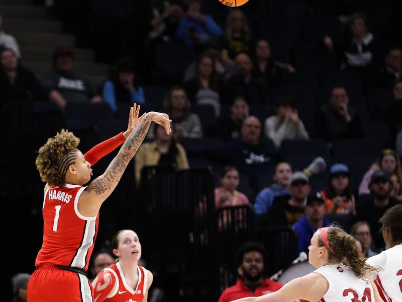 Mar 4, 2023; Minneapolis, MINN, USA; Ohio State Buckeyes guard Rikki Harris (1) shoots against the Indiana Hoosiers during the second half at Target Center. Mandatory Credit: Matt Krohn-USA TODAY Sports