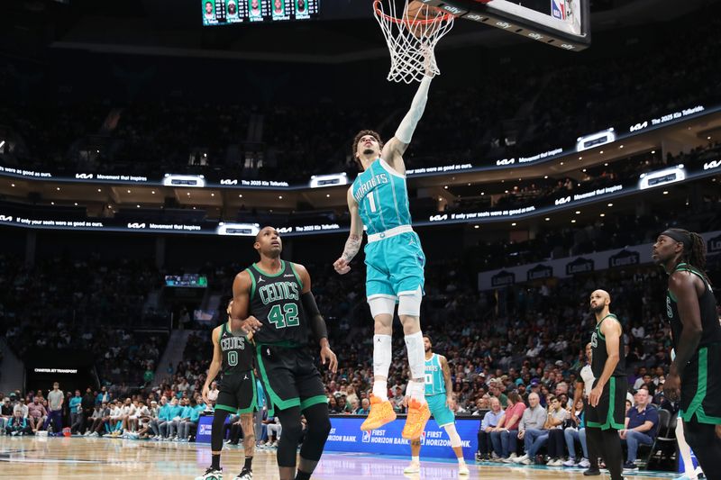 CHARLOTTE, NC - NOVEMBER 2: LaMelo Ball #1 of the Charlotte Hornets drives to the basket during the game against the Boston Celtics on November 2, 2024 at Spectrum Center in Charlotte, North Carolina. NOTE TO USER: User expressly acknowledges and agrees that, by downloading and or using this photograph, User is consenting to the terms and conditions of the Getty Images License Agreement.  Mandatory Copyright Notice:  Copyright 2024 NBAE (Photo by Brock Williams-Smith/NBAE via Getty Images)