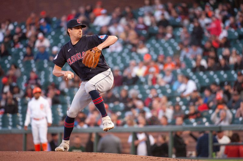 Sep 12, 2023; San Francisco, California, USA; Cleveland Guardians starting pitcher Cal Quantrill (47) throws a pitch during the first inning against the San Francisco Giants at Oracle Park. Mandatory Credit: Ed Szczepanski-USA TODAY Sports