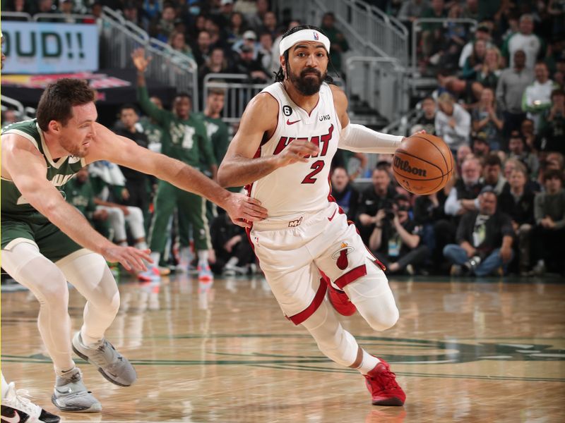 MILWAUKEE, WI - APRIL 26: Gabe Vincent #2 of the Miami Heat drives to the basket during Round One Game Five of the 2023 NBA Playoffs against the Milwaukee Bucks on April 26, 2023 at the Fiserv Forum Center in Milwaukee, Wisconsin. NOTE TO USER: User expressly acknowledges and agrees that, by downloading and or using this Photograph, user is consenting to the terms and conditions of the Getty Images License Agreement. Mandatory Copyright Notice: Copyright 2023 NBAE (Photo by Gary Dineen/NBAE via Getty Images).