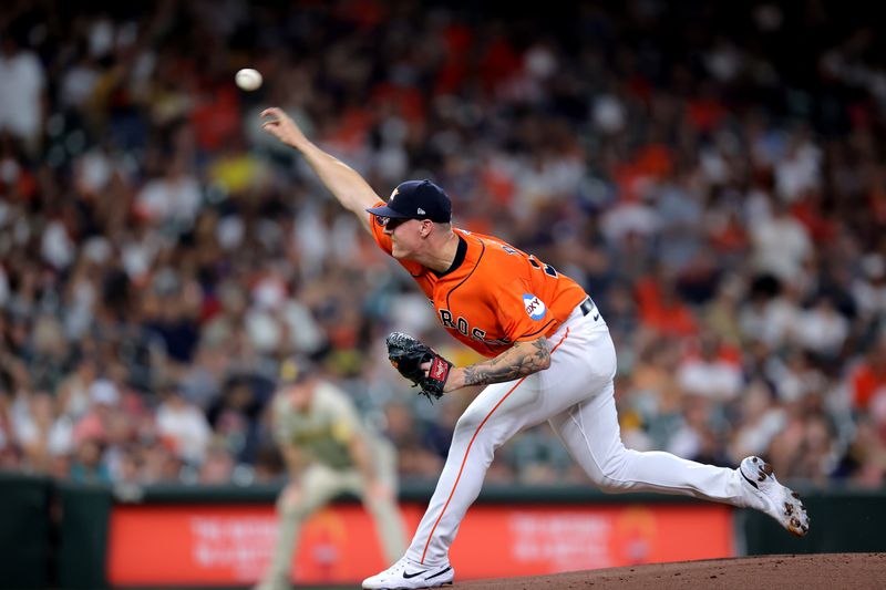 Sep 8, 2023; Houston, Texas, USA; Houston Astros starting pitcher Hunter Brown (58) delivers a pitch against the San Diego Padres during the first inning at Minute Maid Park. Mandatory Credit: Erik Williams-USA TODAY Sports