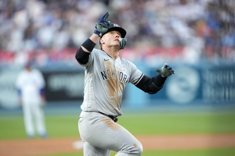 Jun 2, 2023; Los Angeles, California, USA; New York Yankees third baseman Josh Donaldson (28) celebrates after hitting a solo home run in the second inning against the Los Angeles Dodgers at Dodger Stadium. Mandatory Credit: Kirby Lee-USA TODAY Sports