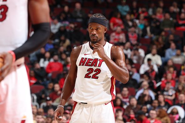 CHICAGO, IL - NOVEMBER 18: Jimmy Butler #22 of the Miami Heat looks on during the game against the Chicago Bulls on November 18, 2023 at United Center in Chicago, Illinois. NOTE TO USER: User expressly acknowledges and agrees that, by downloading and or using this photograph, User is consenting to the terms and conditions of the Getty Images License Agreement. Mandatory Copyright Notice: Copyright 2023 NBAE (Photo by Jeff Haynes/NBAE via Getty Images)