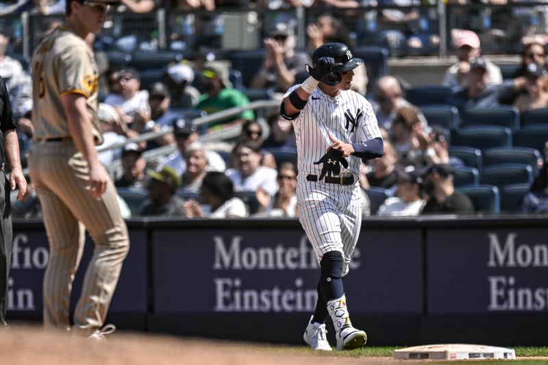 May 27, 2023; Bronx, New York, USA; New York Yankees left fielder Oswaldo Cabrera (95) reacts after hitting a single against the San Diego Padres during the eighth inning at Yankee Stadium. Mandatory Credit: John Jones-USA TODAY Sports