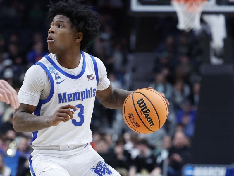 Mar 17, 2023; Columbus, OH, USA; Memphis Tigers guard Kendric Davis (3) dribbles the ball in the first half against the Florida Atlantic Owls at Nationwide Arena. Mandatory Credit: Rick Osentoski-USA TODAY Sports