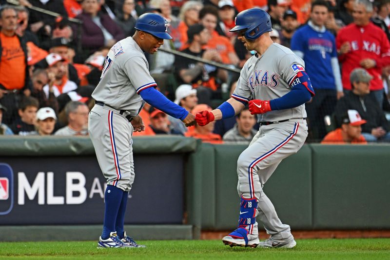 Oct 8, 2023; Baltimore, Maryland, USA; Texas Rangers catcher Mitch Garver (18) celebrates with third base coach Tony Beasley (27) after hitting a grand slam home run during the third inning against the Baltimore Orioles during game two of the ALDS for the 2023 MLB playoffs at Oriole Park at Camden Yards. Mandatory Credit: Tommy Gilligan-USA TODAY Sports