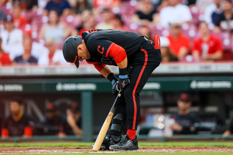 Sep 20, 2024; Cincinnati, Ohio, USA; Cincinnati Reds outfielder TJ Friedl (29) reacts after striking out in the second inning against the Pittsburgh Pirates at Great American Ball Park. Mandatory Credit: Katie Stratman-Imagn Images