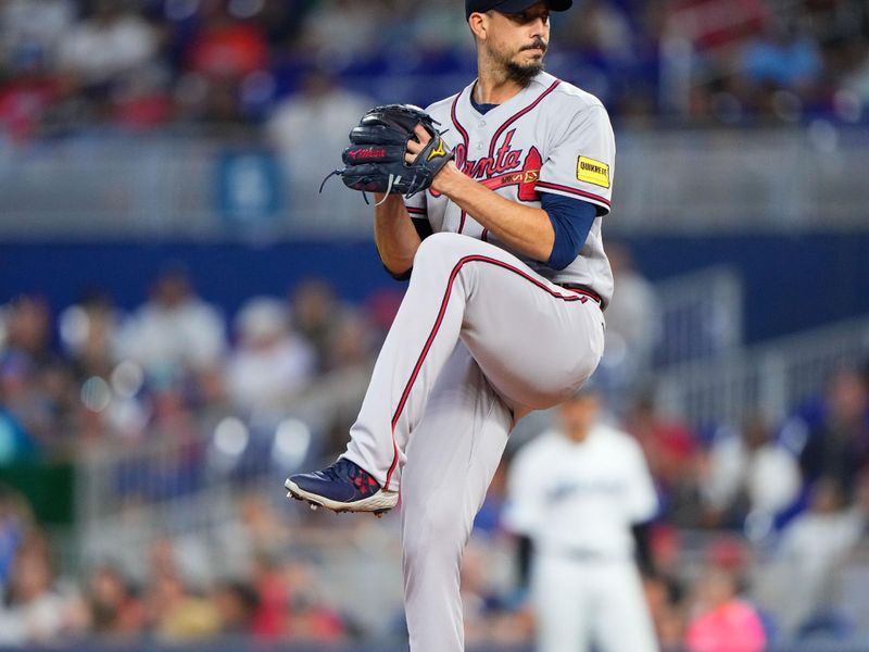 Sep 17, 2023; Miami, Florida, USA; Atlanta Braves starting pitcher Charlie Morton (50) throws a pitch against the Miami Marlins during the first inning at loanDepot Park. Mandatory Credit: Rich Storry-USA TODAY Sports