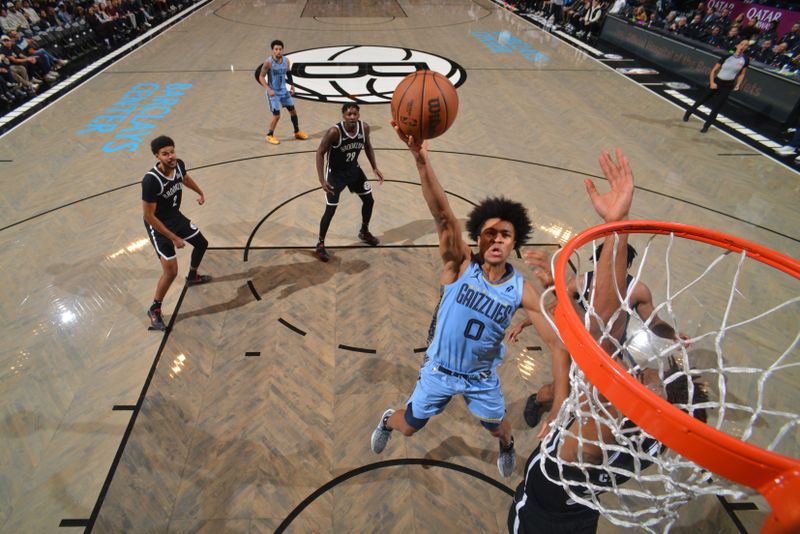 BROOKLYN, NY - NOVEMBER 4: Jaylen Wells #0 of the Memphis Grizzlies drives to the basket during the game against the Brooklyn Nets on November 4, 2024 at Barclays Center in Brooklyn, New York. NOTE TO USER: User expressly acknowledges and agrees that, by downloading and or using this Photograph, user is consenting to the terms and conditions of the Getty Images License Agreement. Mandatory Copyright Notice: Copyright 2024 NBAE (Photo by Jesse D. Garrabrant/NBAE via Getty Images)