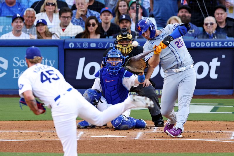 Oct 20, 2024; Los Angeles, California, USA; New York Mets first base Pete Alonso (20) hits and reaches first base on an error during the first inning against the Los Angeles Dodgers during game six of the NLCS for the 2024 MLB playoffs at Dodger Stadium. Mandatory Credit: Jason Parkhurst-Imagn Images
