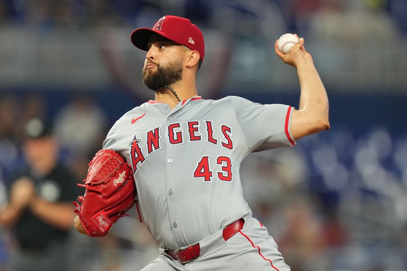 Apr 3, 2024; Miami, Florida, USA; Los Angeles Angels starting pitcher Patrick Sandoval (43) pitches in the first inning against the Miami Marlins at loanDepot Park. Mandatory Credit: Jim Rassol-USA TODAY Sports