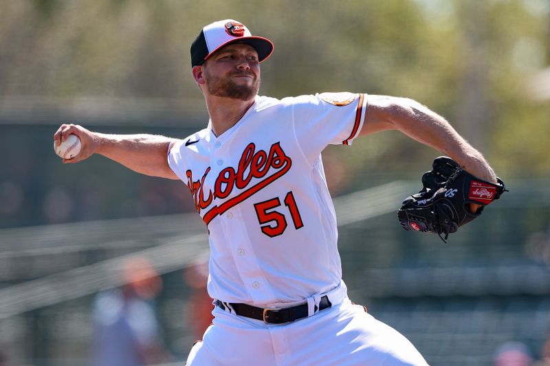 Mar 1, 2023; Sarasota, Florida, USA;  Baltimore Orioles starting pitcher Austin Voth (51) throws a pitch against the Toronto Blue Jays in the fourth inning during spring training at Ed Smith Stadium. Mandatory Credit: Nathan Ray Seebeck-USA TODAY Sports