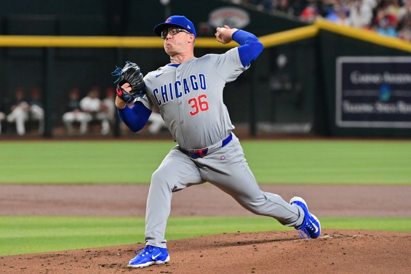 Apr 17, 2024; Phoenix, Arizona, USA;  Chicago Cubs pitcher Jordan Wicks (36) throws in the first inning against the Arizona Diamondbacks at Chase Field. Mandatory Credit: Matt Kartozian-USA TODAY Sports