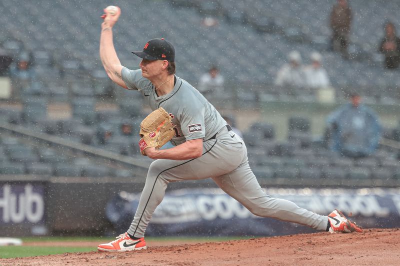 May 5, 2024; Bronx, New York, USA; Detroit Tigers relief pitcher Shelby Miller (7) delivers a pitch during the seventh inning against the New York Yankees at Yankee Stadium. Mandatory Credit: Vincent Carchietta-USA TODAY Sports