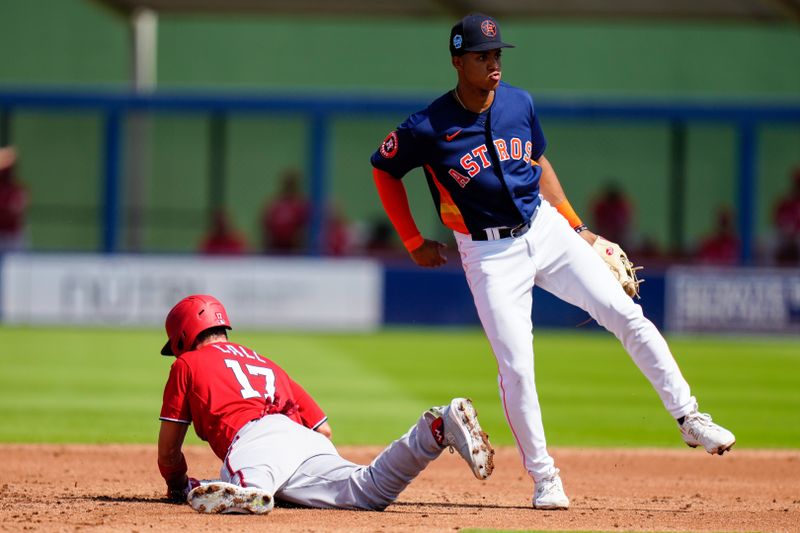 Mar 5, 2023; West Palm Beach, Florida, USA; Washington Nationals left fielder Alex Call (17) slides back into second base as Houston Astros shortstop Jeremy Pena (3) reacts during the second inning at The Ballpark of the Palm Beaches. Mandatory Credit: Rich Storry-USA TODAY Sports