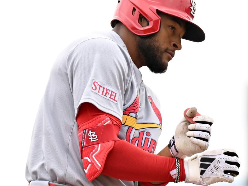 Feb 25, 2025; Dunedin, Florida, USA; St. Louis Cardinals left fielder Victor Scott II (11) celebrates after hitting a triple against the Toronto Blue Jays in the first inning of a spring training game at TD Ballpark. Mandatory Credit: Jonathan Dyer-Imagn Images