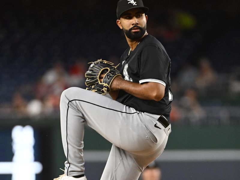 Sep 26, 2025; Washington, District of Columbia, USA; Chicago White Sox starting pitcher Yoendrys Gomez (94) throws to the Washington Nationals during the first inning at Nationals Park. Mandatory Credit: Brad Mills-Imagn Images