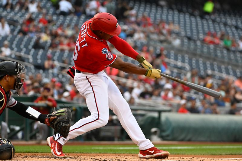 Jun 6, 2023; Washington, District of Columbia, USA; Washington Nationals left fielder Stone Garrett (36) hits a grand slam against the Arizona Diamondbacks during the first inning at Nationals Park. Mandatory Credit: Brad Mills-USA TODAY Sports