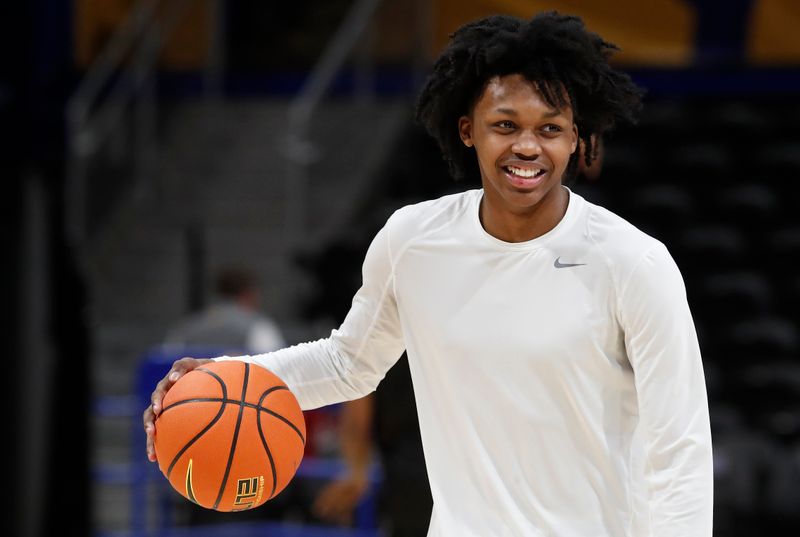 Dec 20, 2023; Pittsburgh, Pennsylvania, USA; Pittsburgh Panthers guard Carlton Carrington (7) warms up before the game against the IPFW Mastodons at the Petersen Events Center. Mandatory Credit: Charles LeClaire-USA TODAY Sports