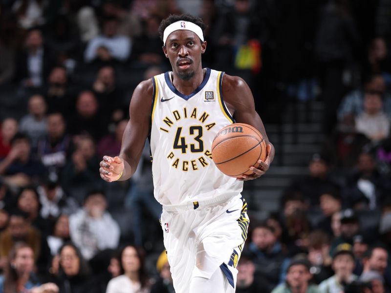 BROOKLYN, NY - DECEMBER 4: Pascal Siakam #43 of the Indiana Pacers brings the ball up court during the game against the Brooklyn Nets on December 4, 2024 at Barclays Center in Brooklyn, New York. NOTE TO USER: User expressly acknowledges and agrees that, by downloading and or using this Photograph, user is consenting to the terms and conditions of the Getty Images License Agreement. Mandatory Copyright Notice: Copyright 2024 NBAE (Photo by Jeff Haynes/NBAE via Getty Images)