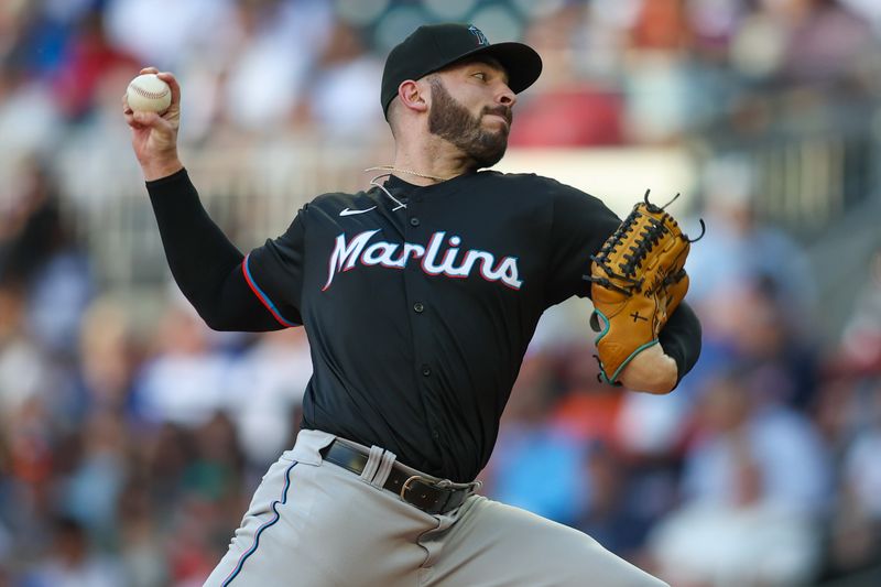 Aug 3, 2024; Atlanta, Georgia, USA; Miami Marlins starting pitcher Kyle Tyler (73) throws against the Atlanta Braves in the first inning at Truist Park. Mandatory Credit: Brett Davis-USA TODAY Sports