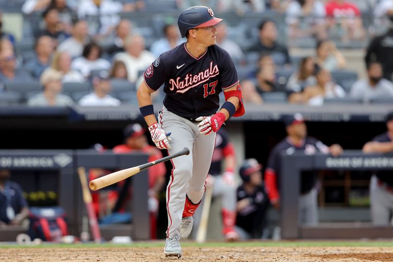 Aug 24, 2023; Bronx, New York, USA; Washington Nationals center fielder Alex Call (17) tosses his bat as he watches his two run home run against the New York Yankees during the seventh inning at Yankee Stadium. Mandatory Credit: Brad Penner-USA TODAY Sports