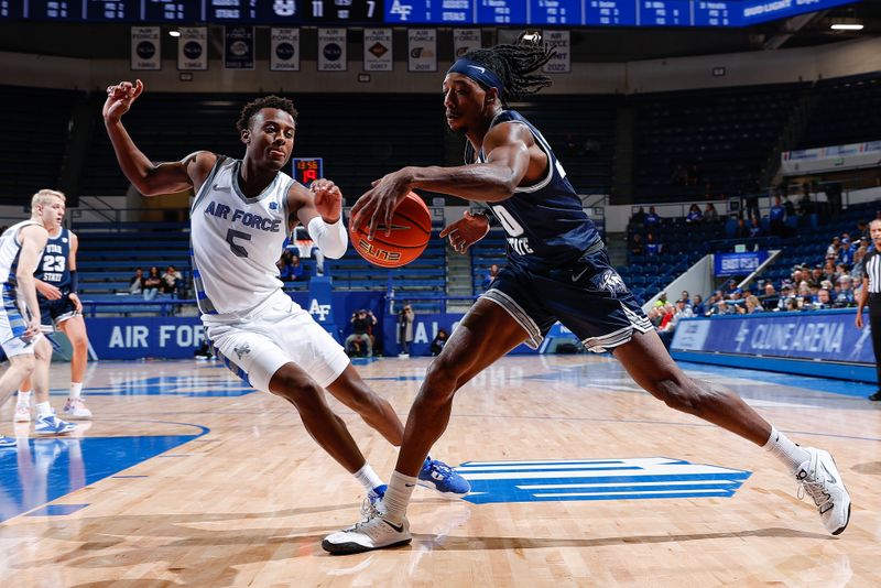 Jan 3, 2023; Colorado Springs, Colorado, USA; Utah State Aggies forward Dan Akin (30) controls the ball as Air Force Falcons guard Ethan Taylor (5) guards in the first half at Clune Arena. Mandatory Credit: Isaiah J. Downing-USA TODAY Sports