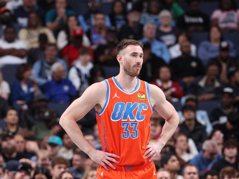 MEMPHIS, TN - MARCH 16: Gordon Hayward #33 of the Oklahoma City Thunder looks on during the game against the Memphis Grizzlies on March 16, 2024 at FedExForum in Memphis, Tennessee. NOTE TO USER: User expressly acknowledges and agrees that, by downloading and or using this photograph, User is consenting to the terms and conditions of the Getty Images License Agreement. Mandatory Copyright Notice: Copyright 2024 NBAE (Photo by Joe Murphy/NBAE via Getty Images)