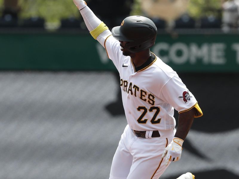 May 10, 2023; Pittsburgh, Pennsylvania, USA;  Pittsburgh Pirates designated hitter Andrew McCutchen (22) reacts as he circles the bases on a two run home run against the Colorado Rockies during the third inning at PNC Park. Mandatory Credit: Charles LeClaire-USA TODAY Sports