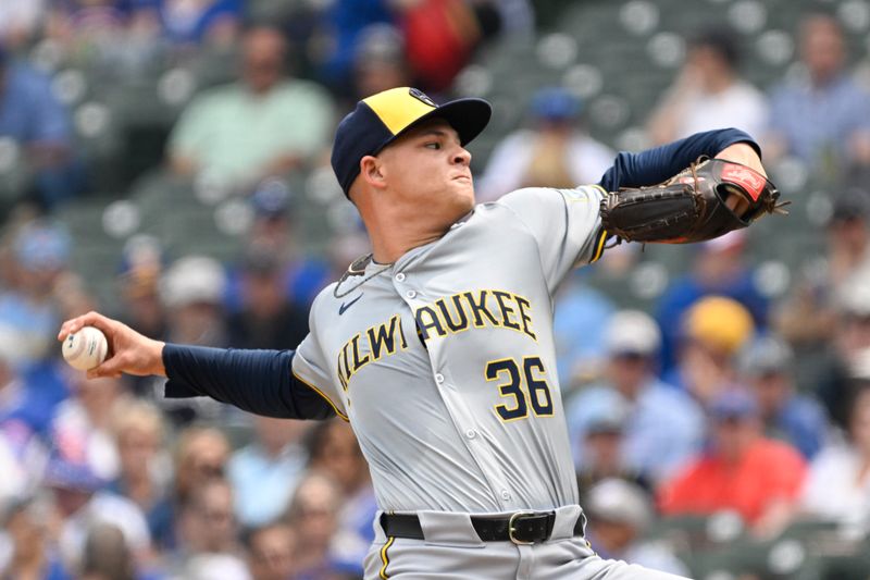 May 4, 2024; Chicago, Illinois, USA;  Milwaukee Brewers pitcher Tobias Myers (36) delivers against the Chicago Cubs during the first inning at Wrigley Field. Mandatory Credit: Matt Marton-USA TODAY Sports