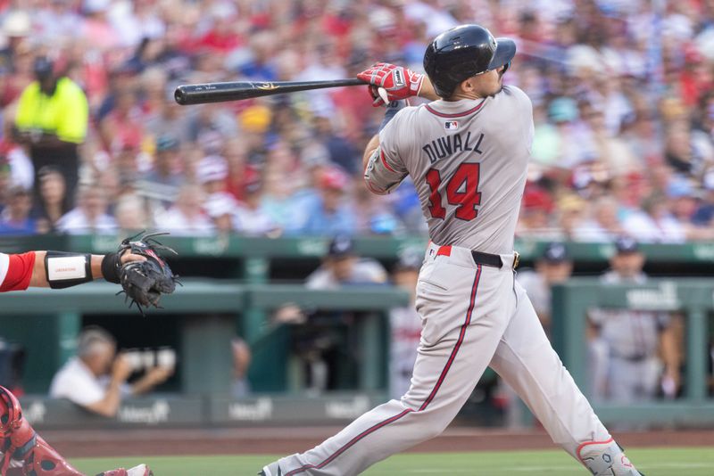 Jun 26, 2024; St. Louis, Missouri, USA; Atlanta Braves outfielder Adam Duvall (14) strikes out to end the second against the St. Louis Cardinals at Busch Stadium. Mandatory Credit: Zach Dalin-USA TODAY Sports