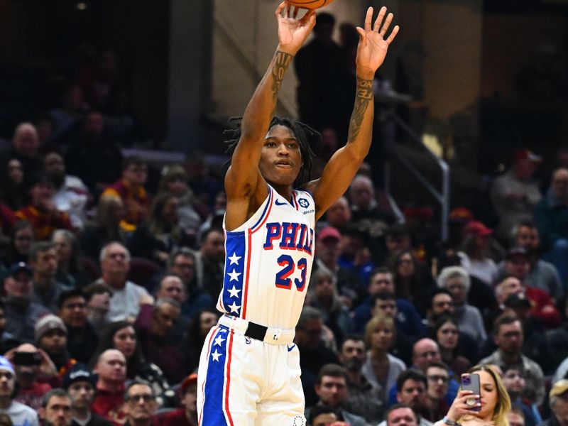 CLEVELAND, OHIO - FEBRUARY 12: Terquavion Smith #23 of the Philadelphia 76ers shoots during the second quarter against the Cleveland Cavaliers at Rocket Mortgage Fieldhouse on February 12, 2024 in Cleveland, Ohio. NOTE TO USER: User expressly acknowledges and agrees that, by downloading and or using this photograph, User is consenting to the terms and conditions of the Getty Images License Agreement. (Photo by Jason Miller/Getty Images)