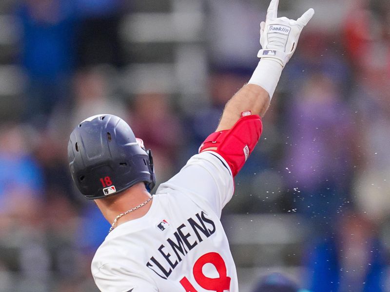 Jun 25, 2025; Minneapolis, Minnesota, USA; Minnesota Twins second base Kody Clemens (18) celebrates his home run against the Seattle Mariners in the seventh inning at Target Field. Mandatory Credit: Brad Rempel-Imagn Images