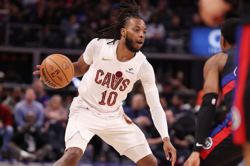 DETROIT, MICHIGAN - MARCH 01: Darius Garland #10 of the Cleveland Cavaliers looks to make a move in the first half while playing the Detroit Pistons at Little Caesars Arena on March 01, 2024 in Detroit, Michigan. NOTE TO USER: User expressly acknowledges and agrees that, by downloading and or using this photograph, User is consenting to the terms and conditions of the Getty Images License.  (Photo by Gregory Shamus/Getty Images)