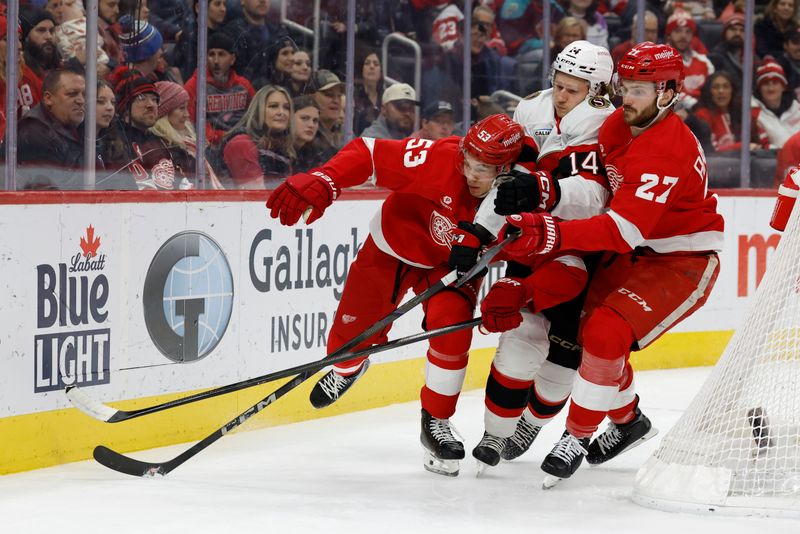 Jan 7, 2025; Detroit, Michigan, USA; Detroit Red Wings defenseman Moritz Seider (53) Ottawa Senators center Jan Jenik (14) and center Michael Rasmussen (27) battle for the puck in the first period at Little Caesars Arena. Mandatory Credit: Rick Osentoski-Imagn Images