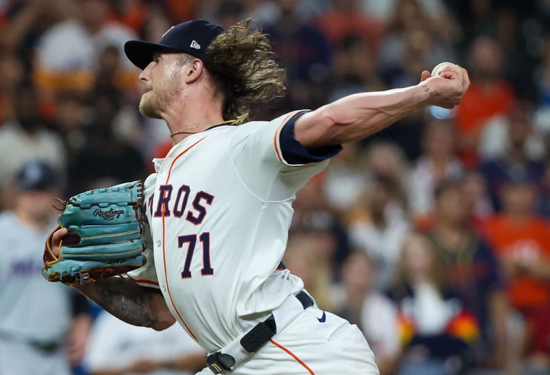 Jul 11, 2024; Houston, Texas, USA; Houston Astros relief pitcher Josh Hader (71) pitches against the Miami Marlins in the ninth inning at Minute Maid Park. Mandatory Credit: Thomas Shea-USA TODAY Sports