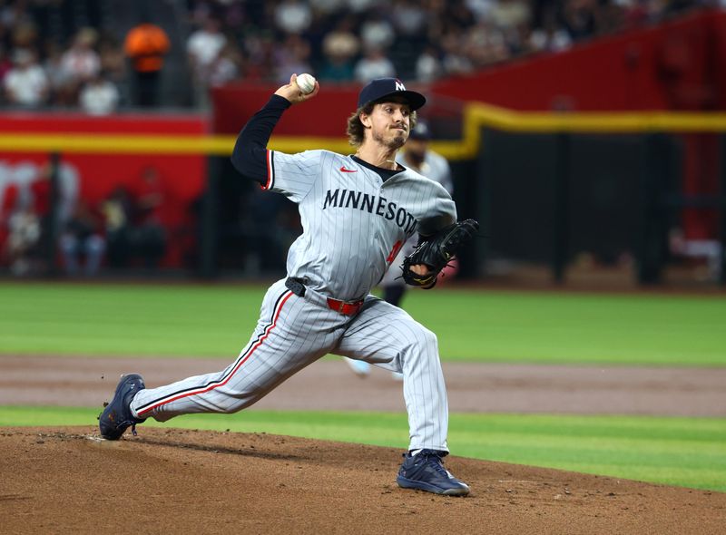 Jun 25, 2024; Phoenix, Arizona, USA; Minnesota Twins pitcher Joe Ryan in the first inning against the Arizona Diamondbacks at Chase Field. Mandatory Credit: Mark J. Rebilas-USA TODAY Sports