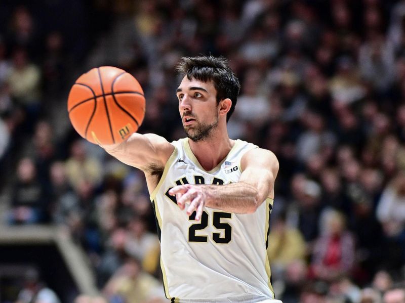 Dec 21, 2023; West Lafayette, Indiana, USA; Purdue Boilermakers guard Ethan Morton (25) passes the ball away during the second half against the Jacksonville Dolphins at Mackey Arena. Mandatory Credit: Marc Lebryk-USA TODAY Sports