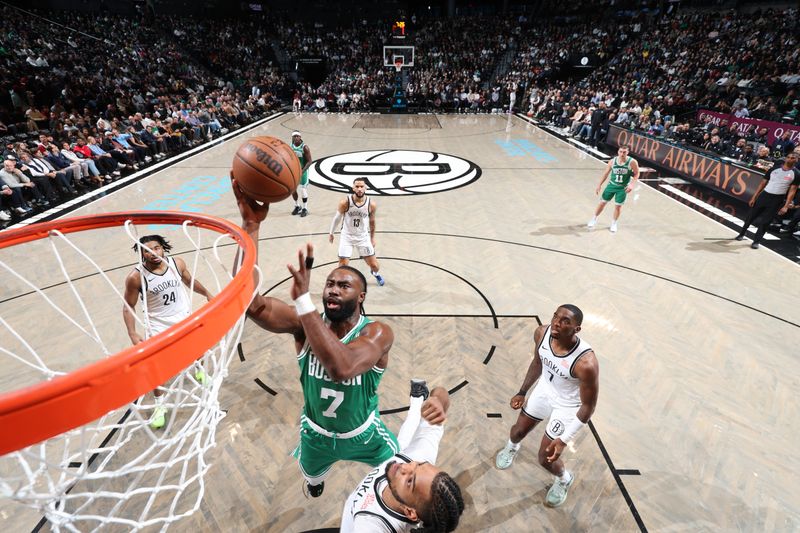 BROOKLYN, NY - NOVEMBER 13: Jaylen Brown #7 of the Boston Celtics shoots the ball during the game against the Brooklyn Nets on November 13, 2024 at Barclays Center in Brooklyn, New York. NOTE TO USER: User expressly acknowledges and agrees that, by downloading and or using this Photograph, user is consenting to the terms and conditions of the Getty Images License Agreement. Mandatory Copyright Notice: Copyright 2024 NBAE (Photo by Jeff Haynes/NBAE via Getty Images)