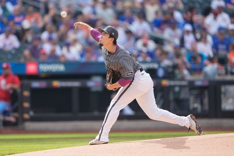 Apr 19, 2025; New York City, New York, USA;  New York Mets pitcher Kodai Senga (34) delivers a pitch against the St. Louis Cardinals during the first inning at Citi Field. Mandatory Credit: Gregory Fisher-Imagn Images