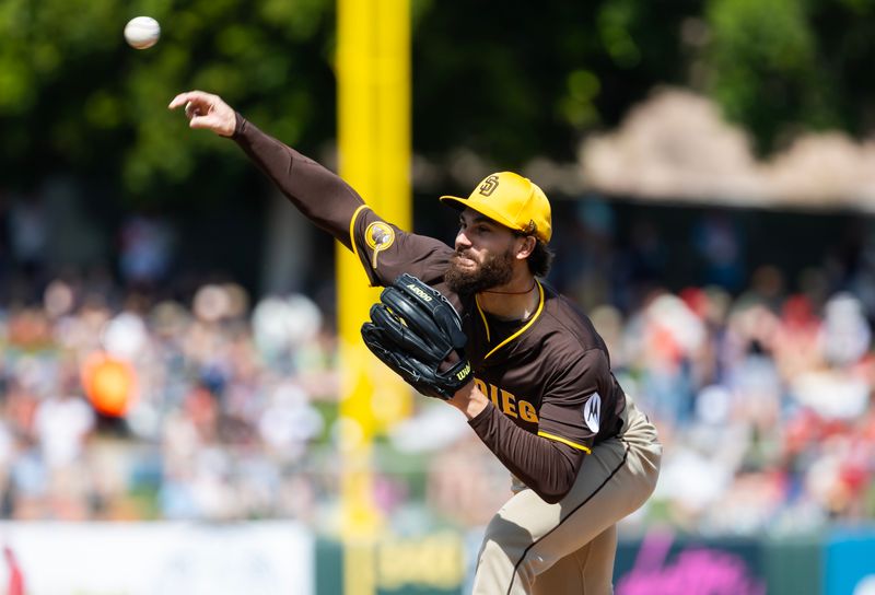 Mar 16, 2025; Tempe, Arizona, USA; San Diego Padres pitcher Dylan Cease against the Los Angeles Angels during a spring training game at Tempe Diablo Stadium. Mandatory Credit: Mark J. Rebilas-Imagn Images