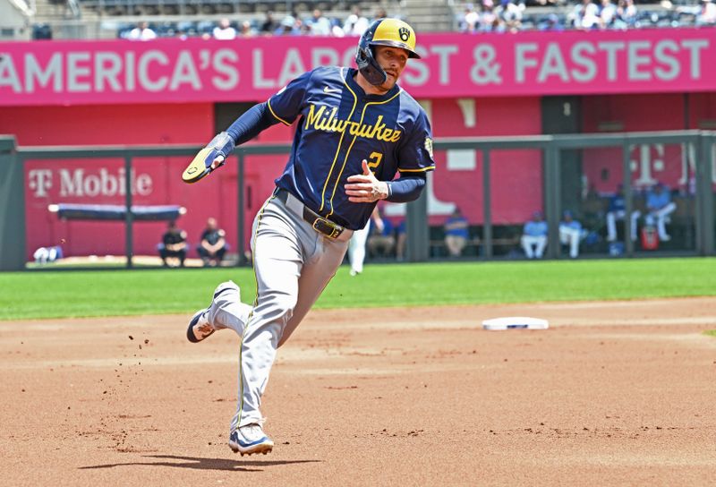 May 8, 2024; Kansas City, Missouri, USA;  Milwaukee Brewers second baseman Brice Turang (2) rounds third base to score a run in the first inning against the Kansas City Royals at Kauffman Stadium. Mandatory Credit: Peter Aiken-USA TODAY Sports