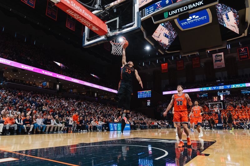 Feb 21, 2026; Charlottesville, Virginia, USA; Miami (FL) Hurricanes guard Dante Allen (35) shoots the ball during the first half against the Virginia Cavaliers at John Paul Jones Arena. Mandatory Credit: Emily Faith Morgan-Imagn Images