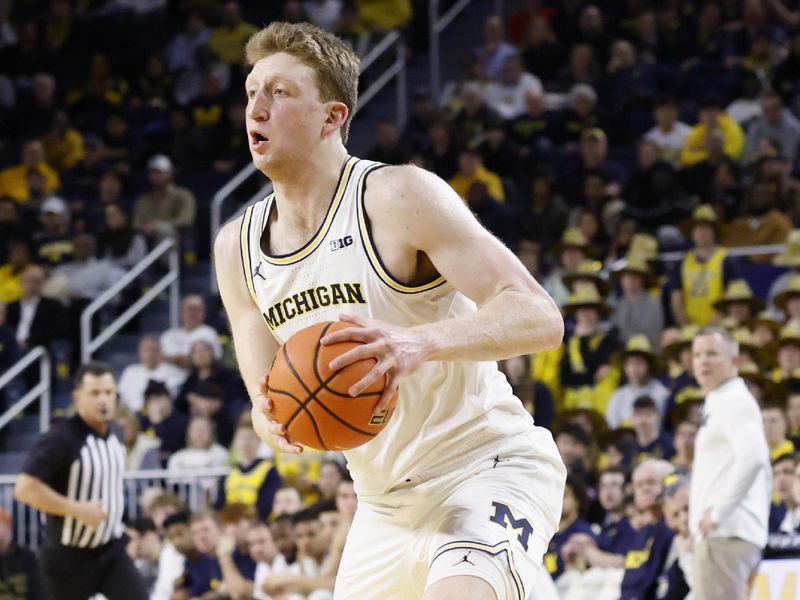 Feb 27, 2025; Ann Arbor, Michigan, USA;  Michigan Wolverines center Danny Wolf (1) dribbles in the first half against the Rutgers Scarlet Knights at Crisler Center. Mandatory Credit: Rick Osentoski-Imagn Images