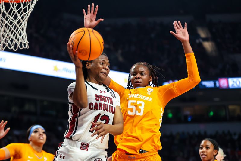 Mar 3, 2024; Columbia, South Carolina, USA; South Carolina Gamecocks guard MiLaysia Fulwiley (12) passes away from Tennessee Lady Vols forward Jillian Hollingshead (53) in the first half at Colonial Life Arena. Mandatory Credit: Jeff Blake-USA TODAY Sports
